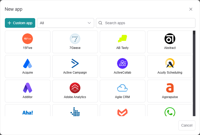 'New app' dialog, step 1: 'Custom app' button, category select, 'Search apps' field and the grid of app logos