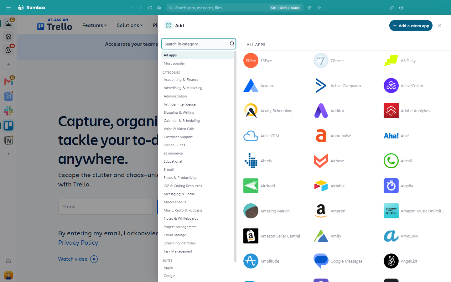 The 'Add' panel with the 'Add custom app' button highlighted at the top right