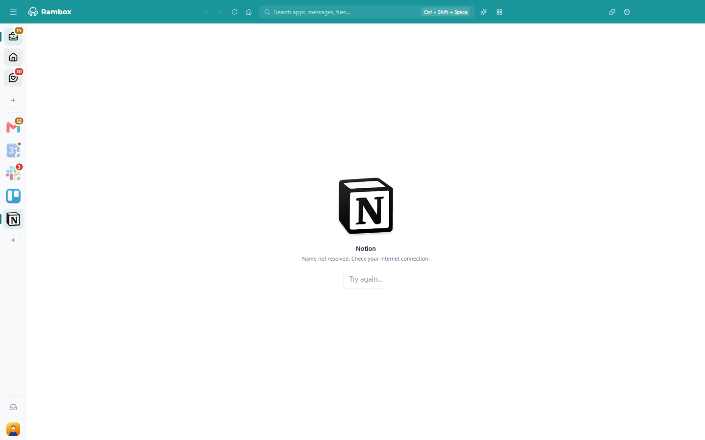 An app showing the error 'Name not resolved. Check your internet connection.' and the 'Try again...' button