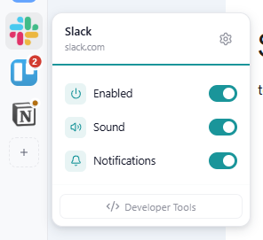 Right-click menu on an app: header with the name and host, gear 'Settings', Enabled / Sound / Notifications switches and the 'Developer Tools' button