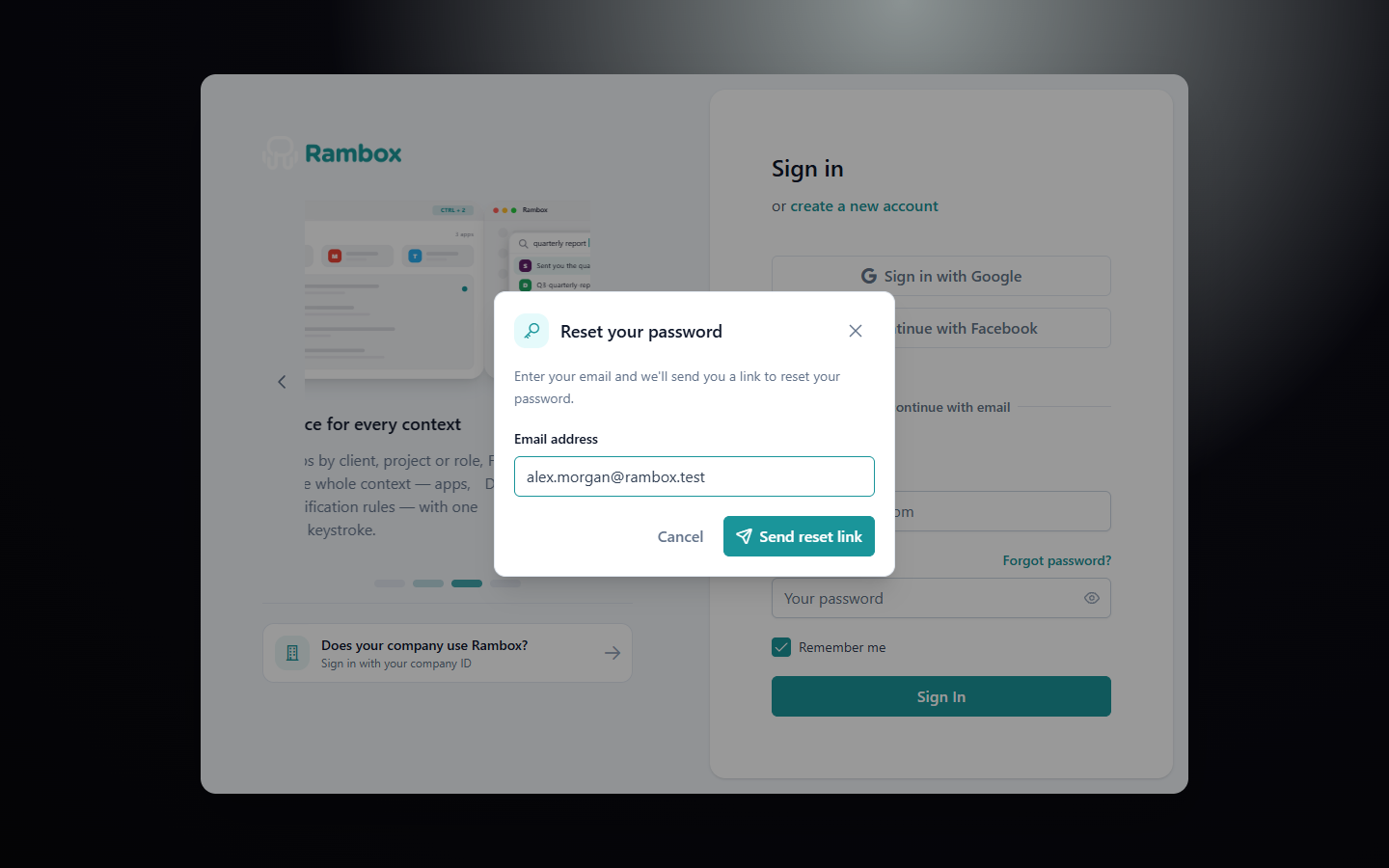 Sign-in page with the 'Reset your password' dialog open: email field and 'Send reset link'