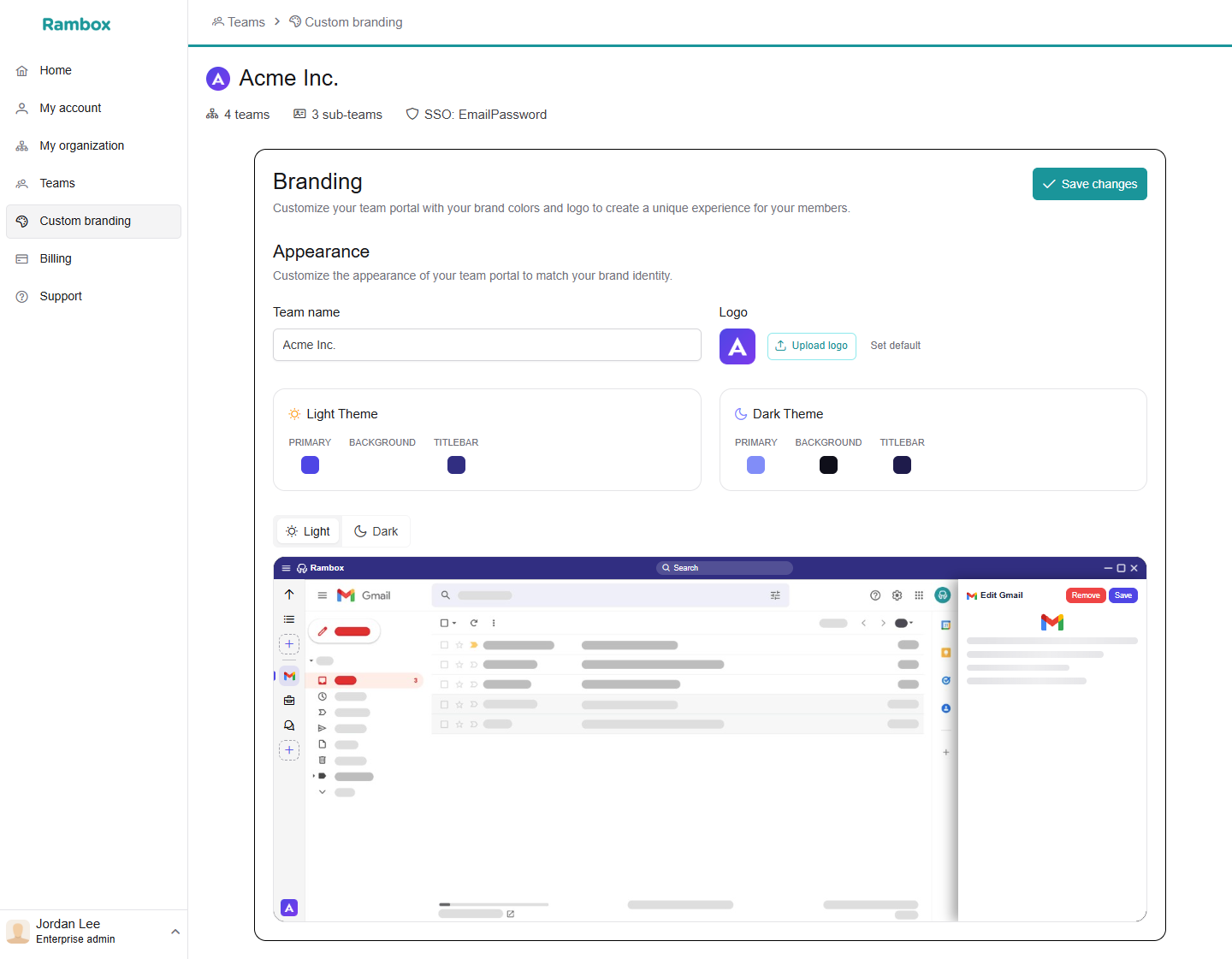 Console 'Branding' page: Team name, logo, Light theme and Dark theme cards with Primary/Background/Titlebar colors, and the live preview with the Light/Dark switch