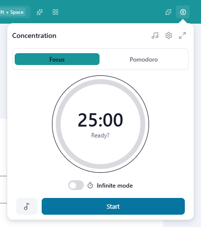 The Concentration panel open below the title-bar brain button, in Focus mode, showing the ring timer 'Ready?', the 'Infinite mode' switch, the ambient sounds button and 'Start'