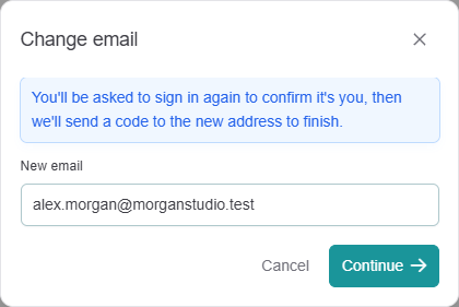 'Change email' dialog with the info message about signing in again, the 'New email' field and 'Continue'