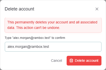 'Delete account' dialog with the red warning, the email confirmation field filled in and the 'Delete account' button