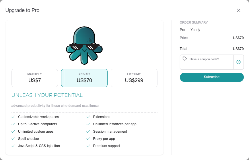 'Upgrade to Pro' dialog with the Monthly / Yearly / Lifetime tiles, the Pro feature list and the 'Order summary' with Price, Total, the coupon field and 'Subscribe'
