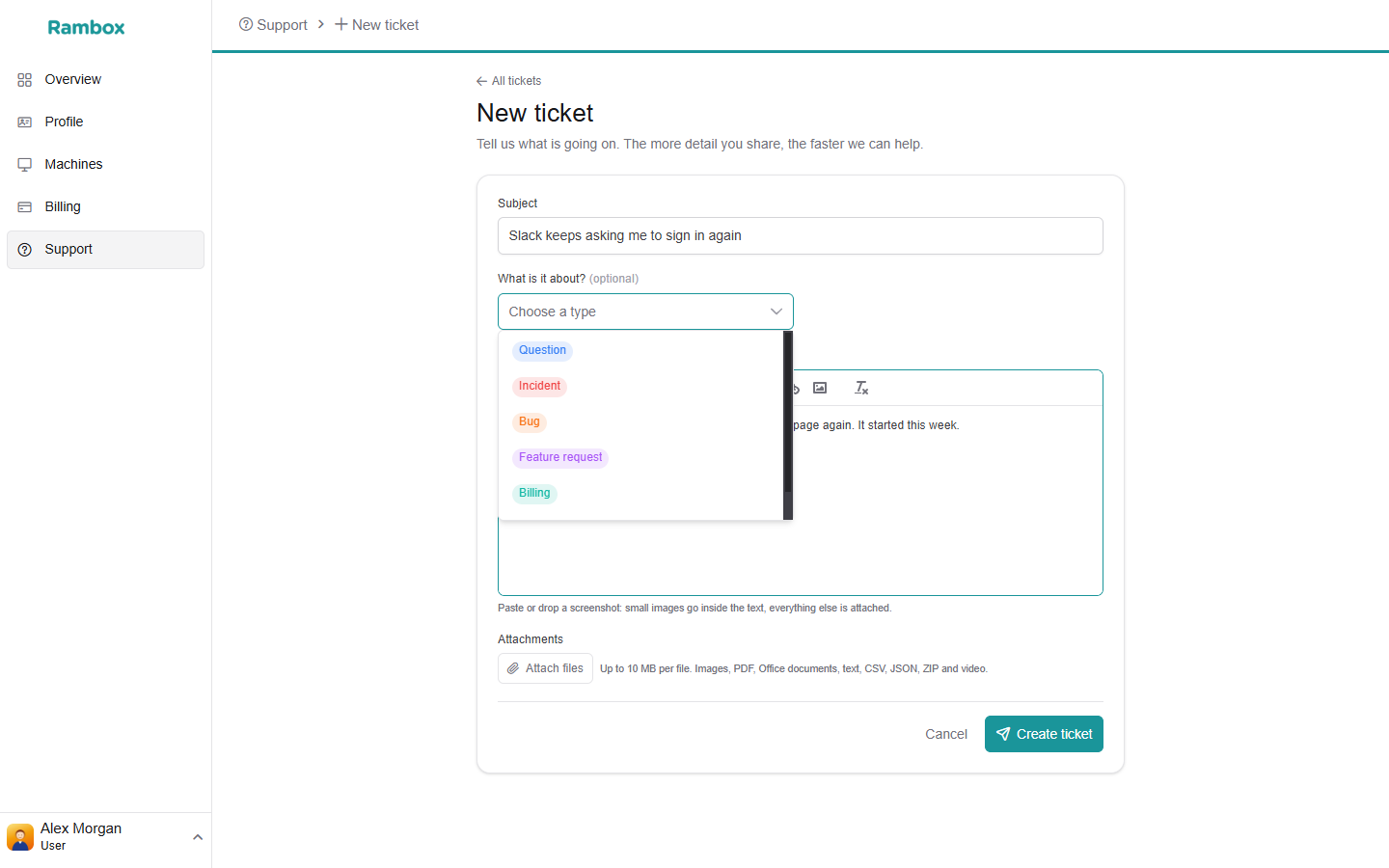 Console 'New ticket' form with Subject, 'What is it about?' open showing the types, Description, Attachments and 'Create ticket'