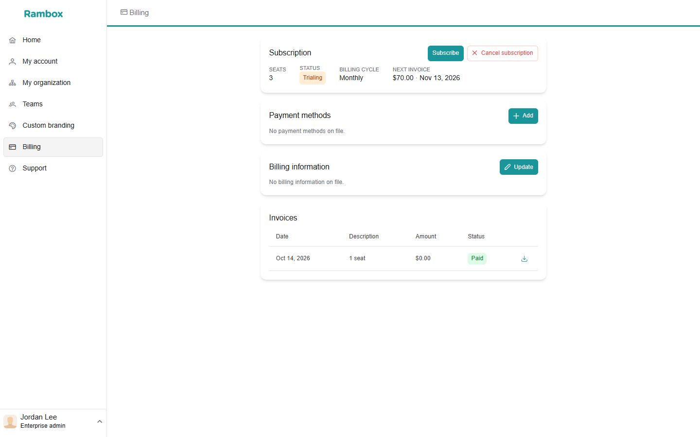 Console Billing page for an Enterprise owner during the trial: Subscription card with Seats, Status, Billing cycle, Next invoice and the Subscribe / Cancel subscription buttons; Payment methods; Billing information; Invoices
