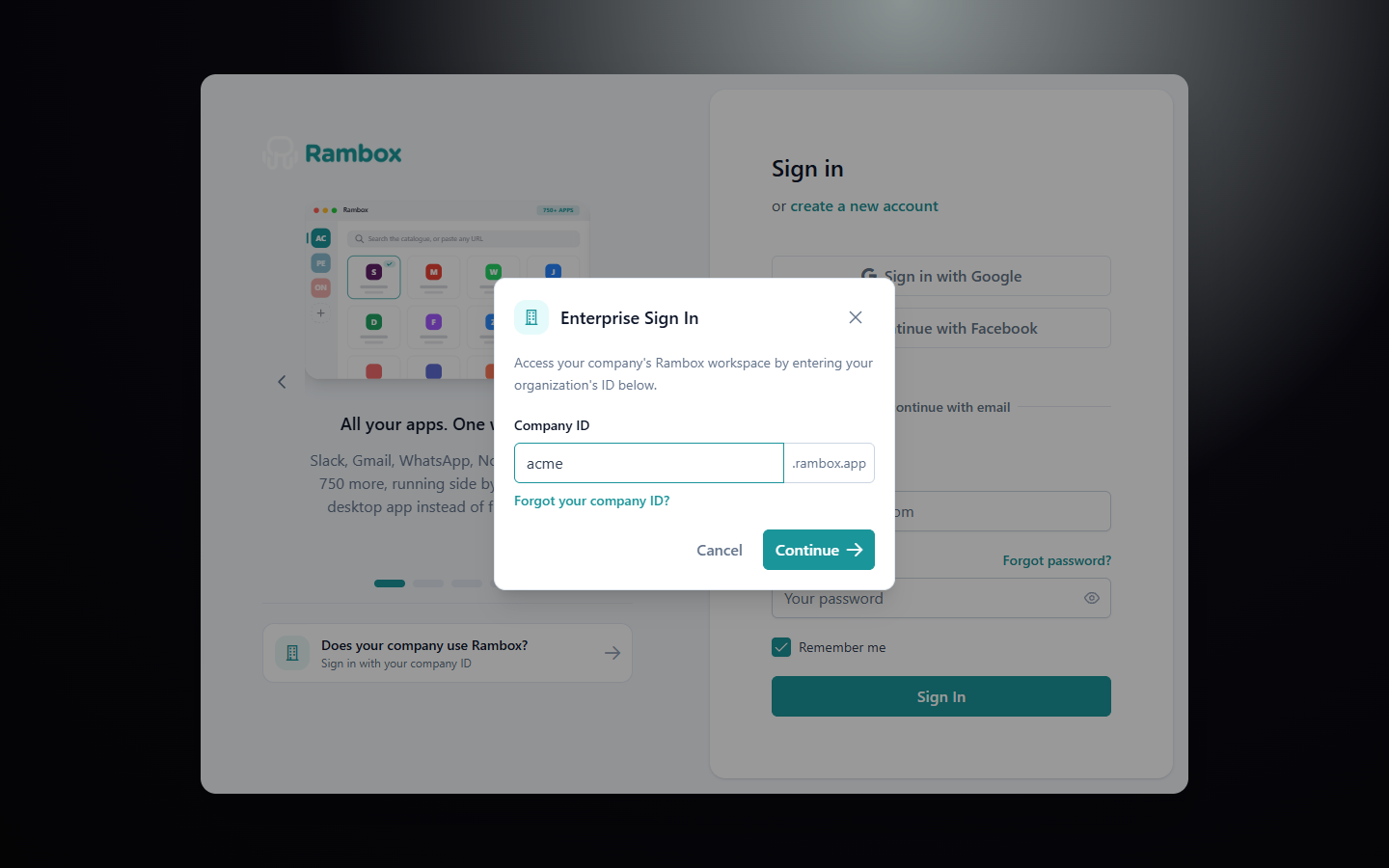 auth sign-in page with the 'Enterprise Sign In' dialog open: Company ID field with '.rambox.app', 'Forgot your company ID?', Cancel / Continue