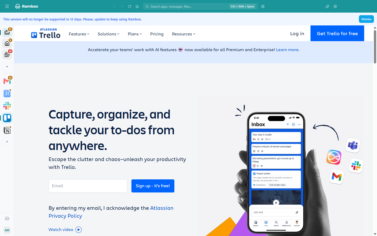 The end-of-support banner 'This version will no longer be supported in 12 days. Please, update to keep using Rambox.' with the Dismiss button