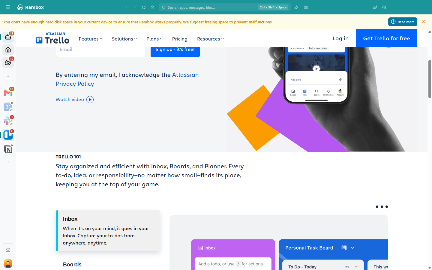 The low disk space banner at the top of the main window with 'Read more' and the close X