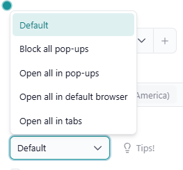 The 'Link handling' field in app settings, open, showing the five options, with the 'Tips!' button next to it