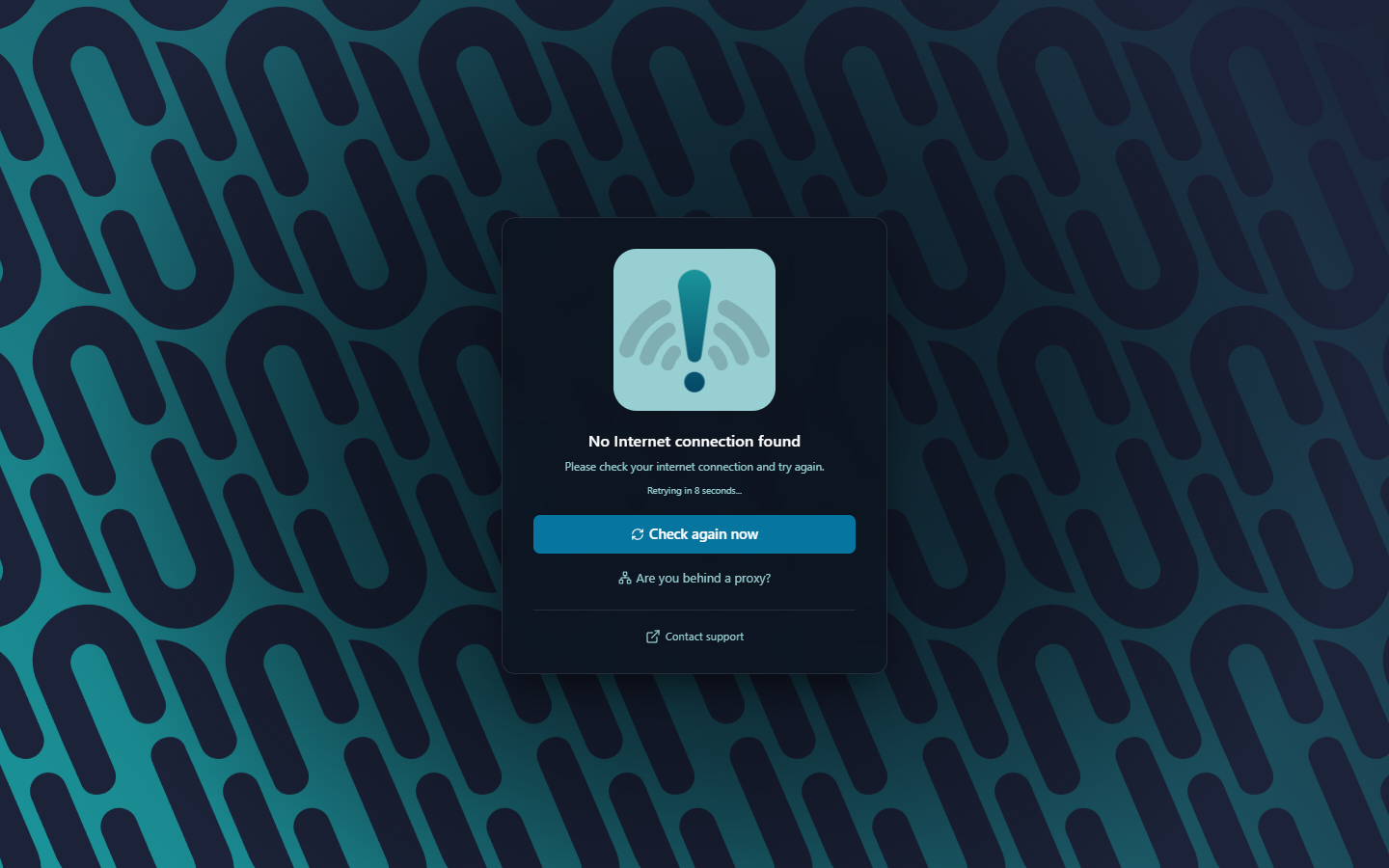 The 'No Internet connection found' screen with the retry countdown and the three buttons