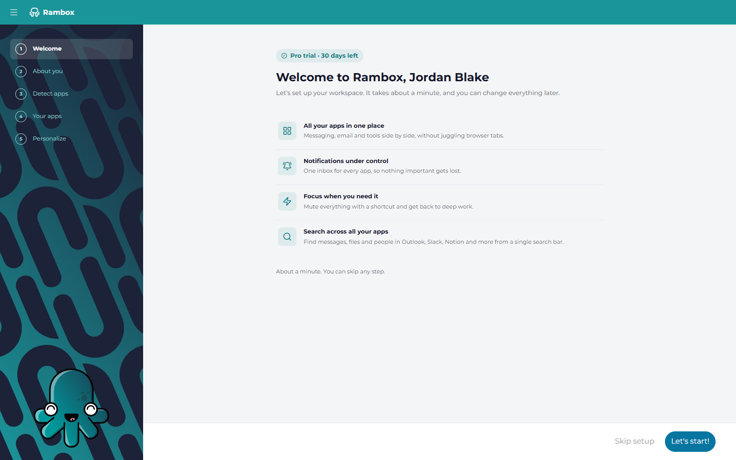 Wizard step 'Welcome': step list on the left, 'Welcome to Rambox, {name}', the plan chip (e.g. 'Pro trial · 30 days left'), the four promises and 'Let's start!'