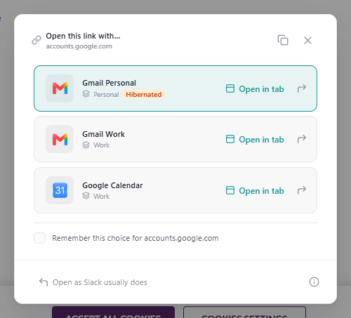 The 'Open this link with…' window: the link's host with a copy button, one card per matching app showing its workspace (one with a 'Hibernated' tag), the 'Remember this choice for {host}' checkbox and the 'Open as Slack usually does' footer