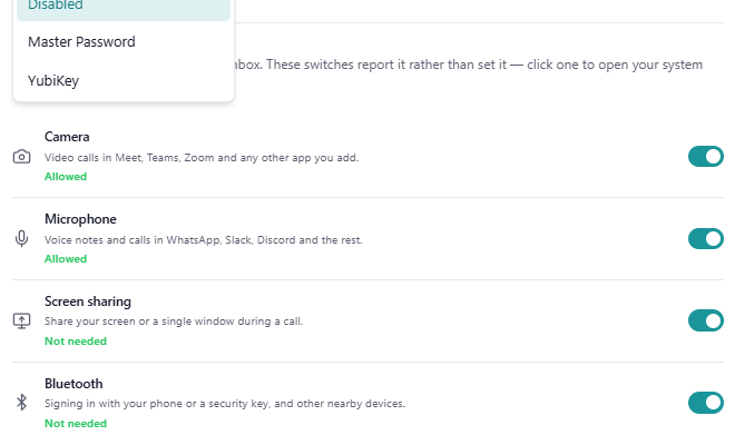 Settings, Privacy & security, Permissions section on Windows, with the Bluetooth row showing 'Not needed'