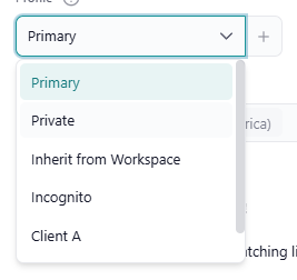 App settings with the Profile select open and 'Private' highlighted