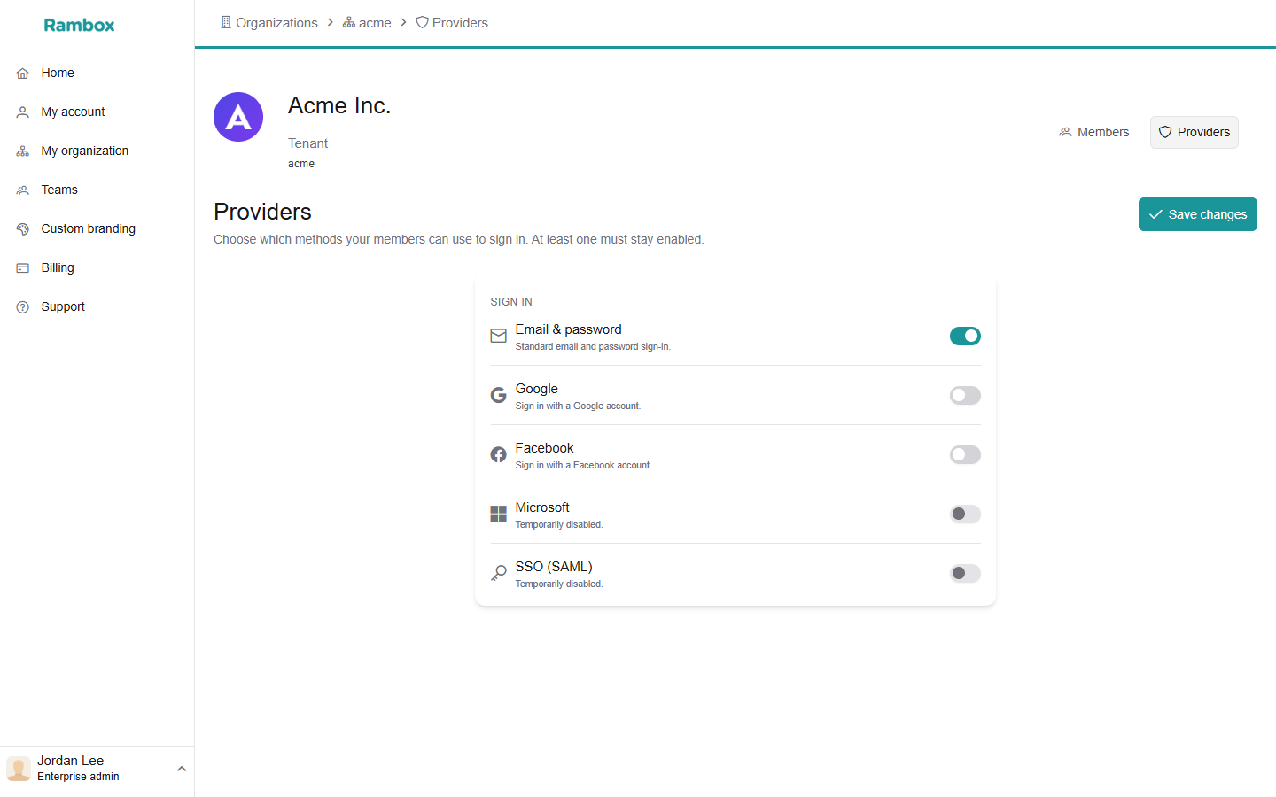 Console My organization → Providers: 'Choose which methods your members can use to sign in. At least one must stay enabled.' with the toggles for Email & password, Google, Facebook, Microsoft ('Temporarily disabled.') and SSO (SAML), and Save changes