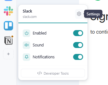 Right-click menu on an app in the sidebar, with the gear 'Settings' button highlighted