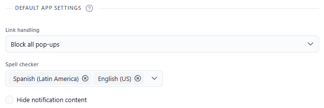 Settings → Apps tab, 'Default app settings' section with the 'Spell checker' field showing two language chips (e.g. English (United States) and Spanish)
