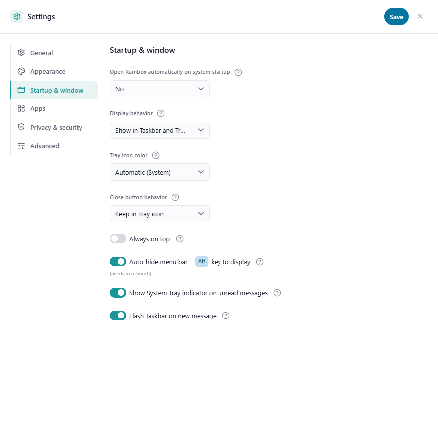 Settings → Startup & window with 'Show System Tray indicator on unread messages' switched on
