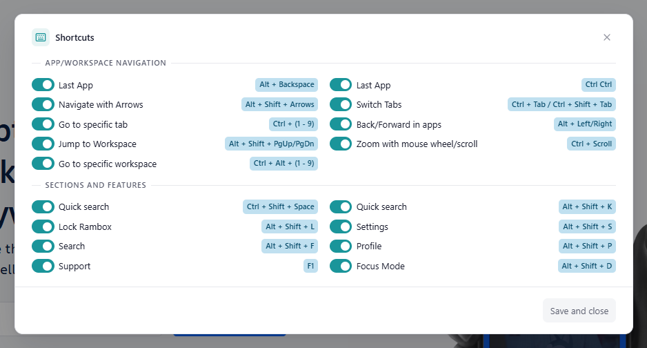 The 'Shortcuts' dialog on Windows with both groups, the switches, the key chips and the 'Save and close' button