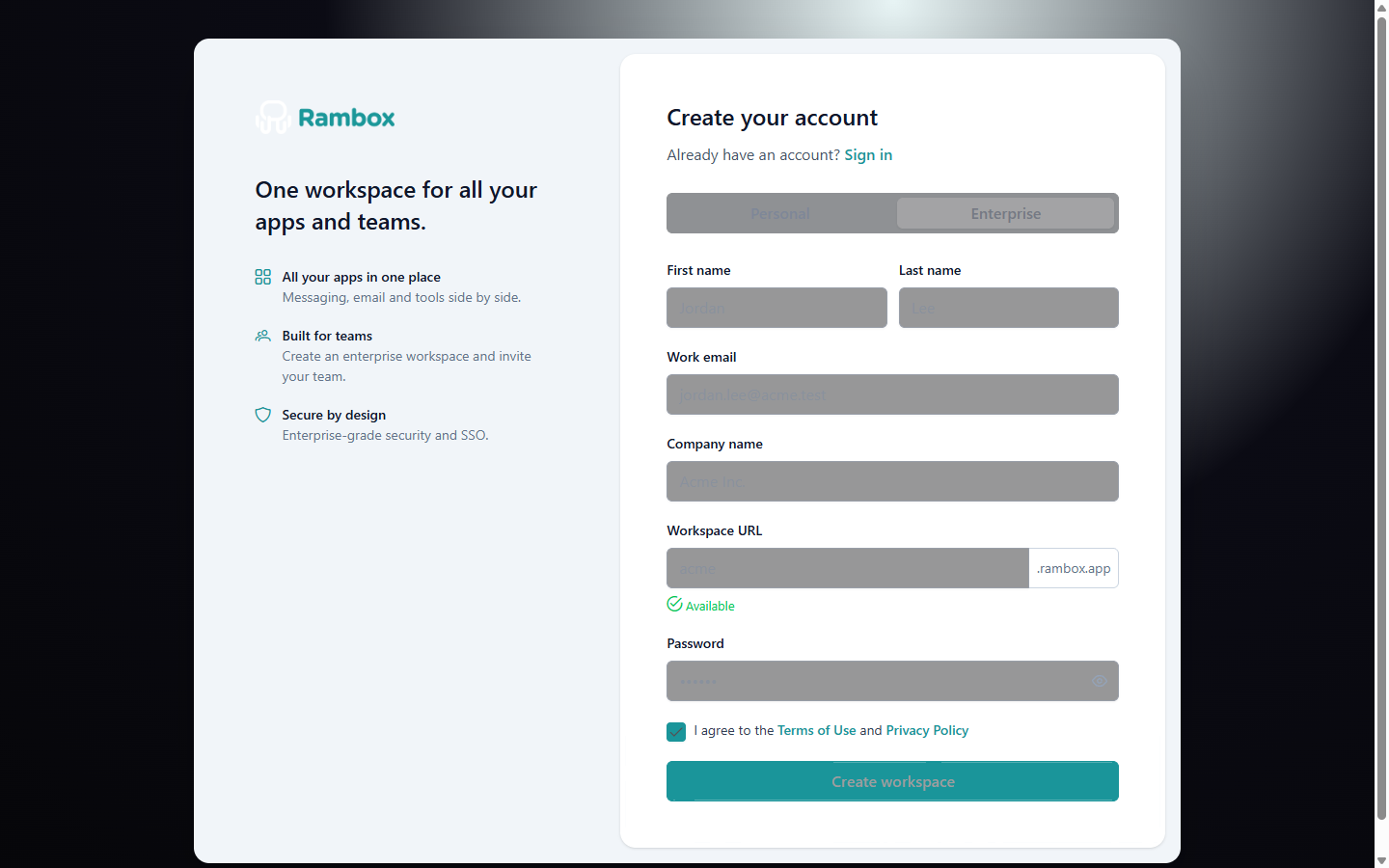 auth 'Create your account' page with the Enterprise option selected, fields filled for Acme and the Workspace URL showing 'Available'