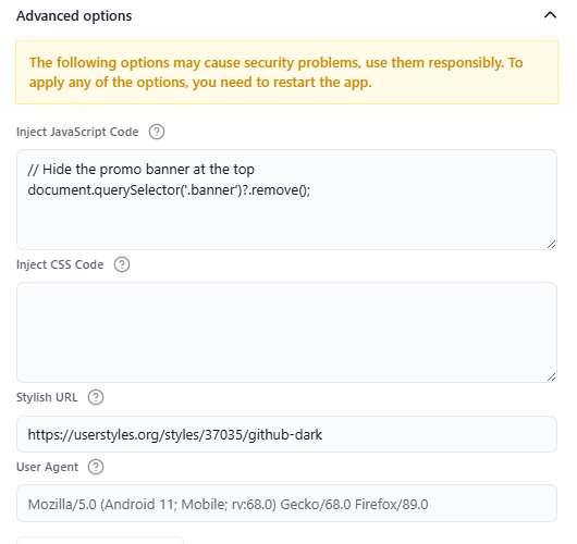 App settings drawer, 'Advanced options' expanded, with a userstyles.org address pasted in the 'Stylish URL' field