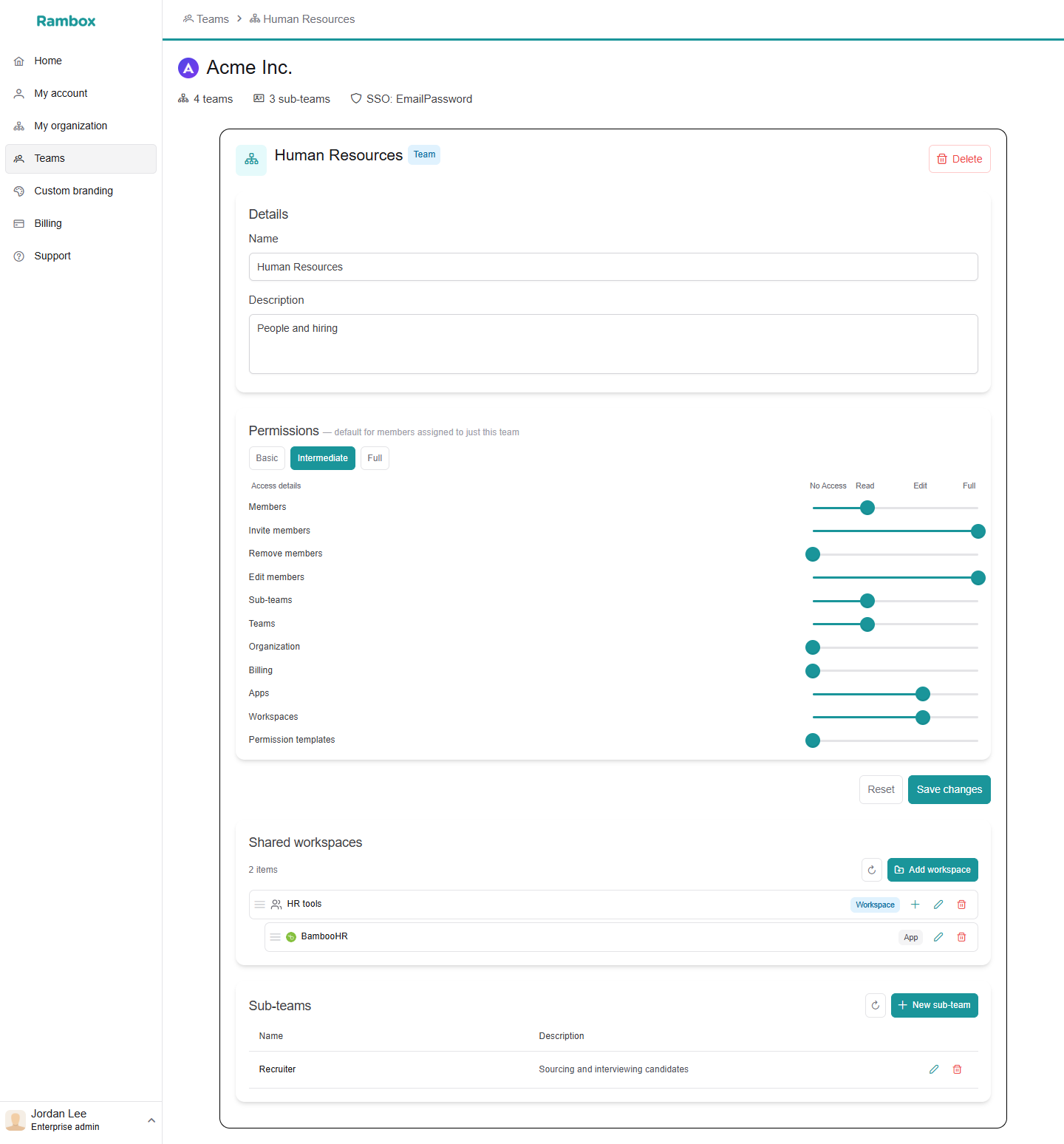 Team page for 'Human Resources': Details, Permissions (with the 'default for members assigned to just this team' note), Shared workspaces and Sub-teams cards, Reset / Save changes