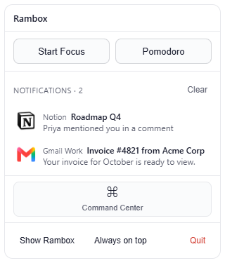 The tray panel on Windows: focus block ('Start Focus', 'Pomodoro'), notifications list, 'Command Center' row and the footer with 'Show Rambox', 'Always on top' and 'Quit'