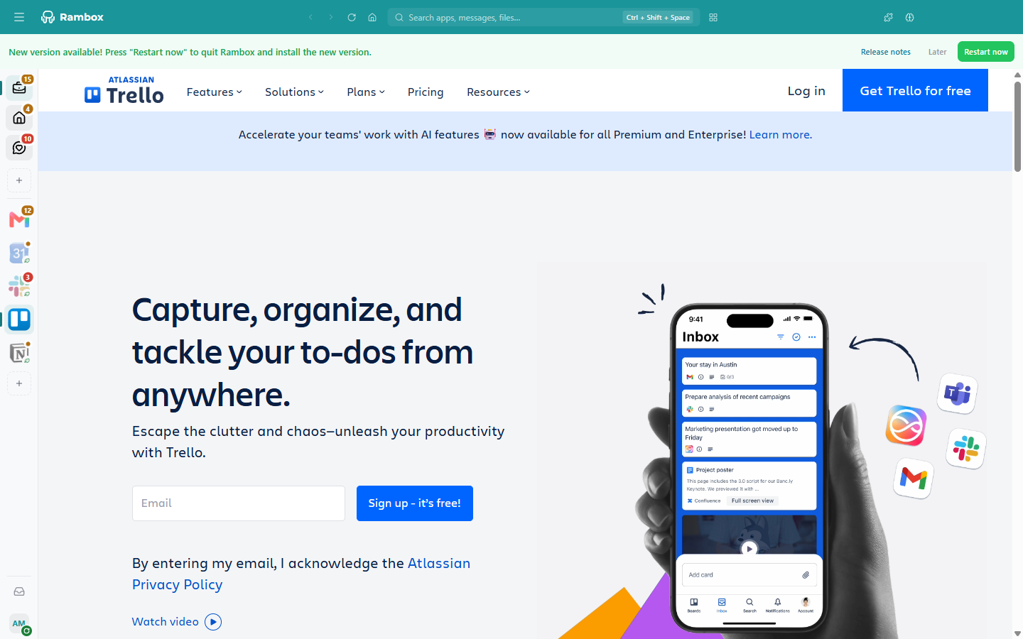 The 'New version available! Press 'Restart now'…' banner with 'Release notes', 'Later' and 'Restart now'