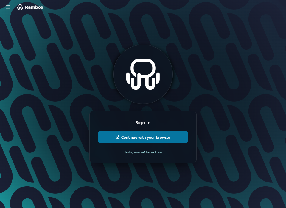 Rambox Welcome screen on Windows with 'Sign in' and the 'Continue with your browser' button
