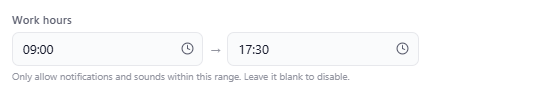 The 'Work hours' field in the workspace settings, with 'Start time' and 'End time' filled in and the help text 'Only allow notifications and sounds within this range. Leave it blank to disable.'