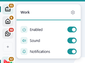 Right-click menu on a workspace: name, gear 'Settings', and the Enabled / Sound / Notifications switches