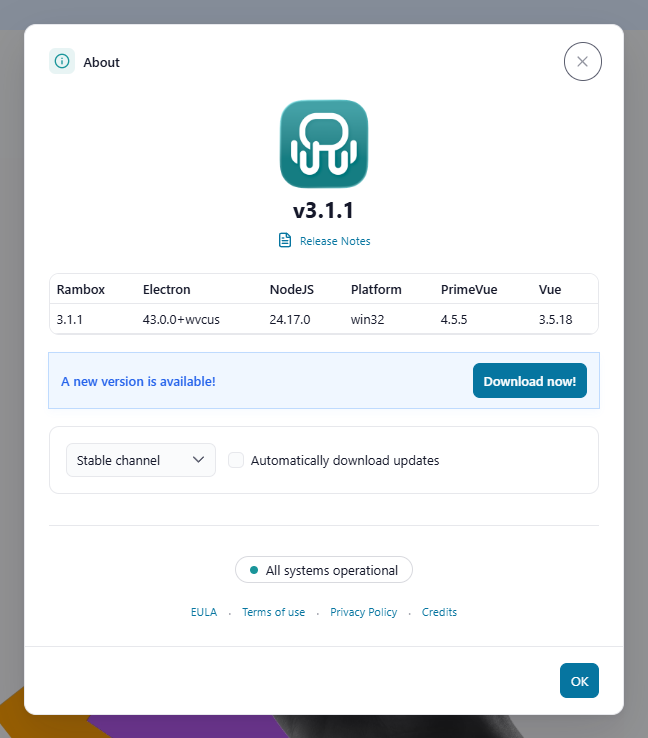 About Rambox window showing the update box (Check now! / Download now! / progress with Cancel) and the 'Automatically download updates' checkbox