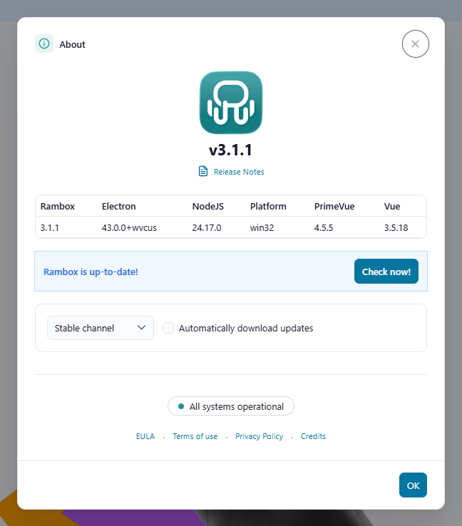 The About window: Rambox logo, version number, 'Release Notes', the update box with 'Rambox is up-to-date!' and 'Check now!', the channel selector, 'Automatically download updates', the service status badge, the EULA · Terms of use · Privacy Policy · Credits links and 'OK'