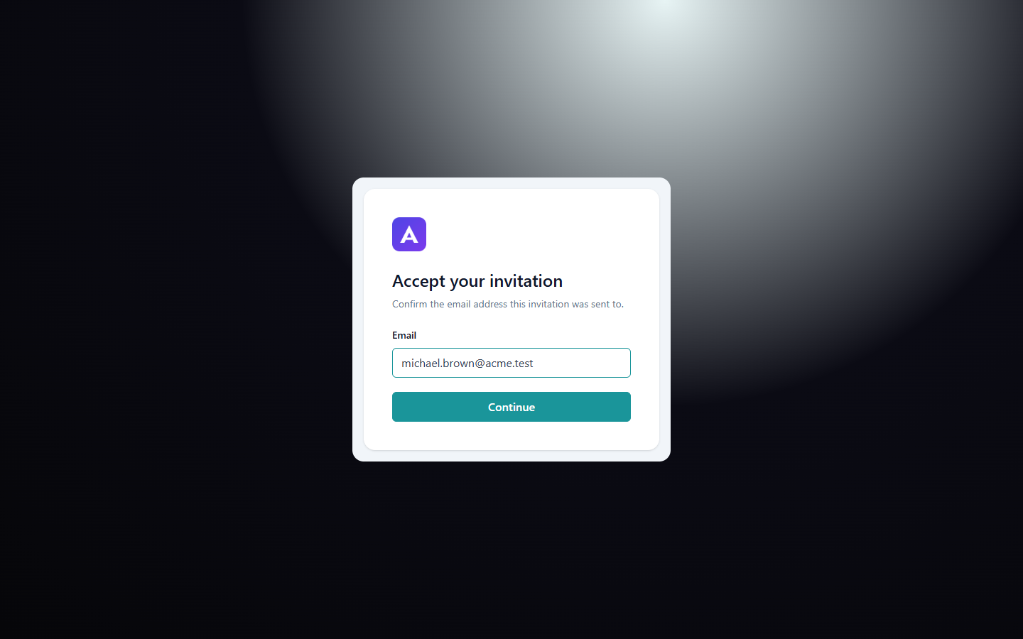 auth 'Accept your invitation' page with the Email field and Continue button