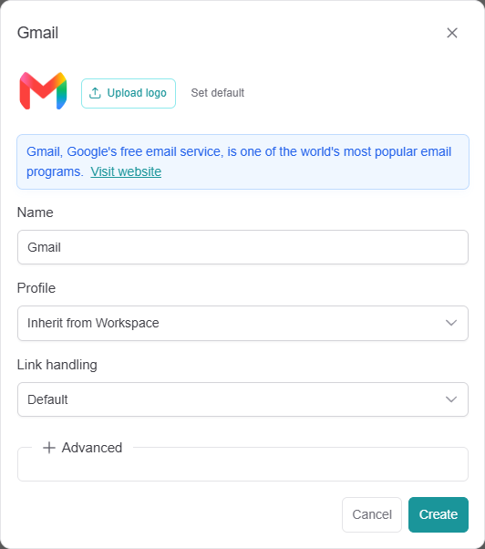 The app form for Gmail (titled with the app name): logo with Upload logo / Set default, Name, Profile, Link handling, and the collapsed 'Advanced' section
