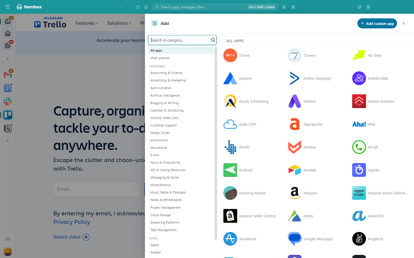The 'Add' panel: 'Search in category...' box, the menu with 'All apps', 'Most popular', 'Categories', 'Suites', the app grid, and 'Add custom app' at the top right