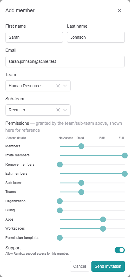 'Add member' dialog filled for a new recruiter: Team 'Human Resources', Sub-team 'Recruiter', read-only Permissions matrix, Support toggle, Send invitation