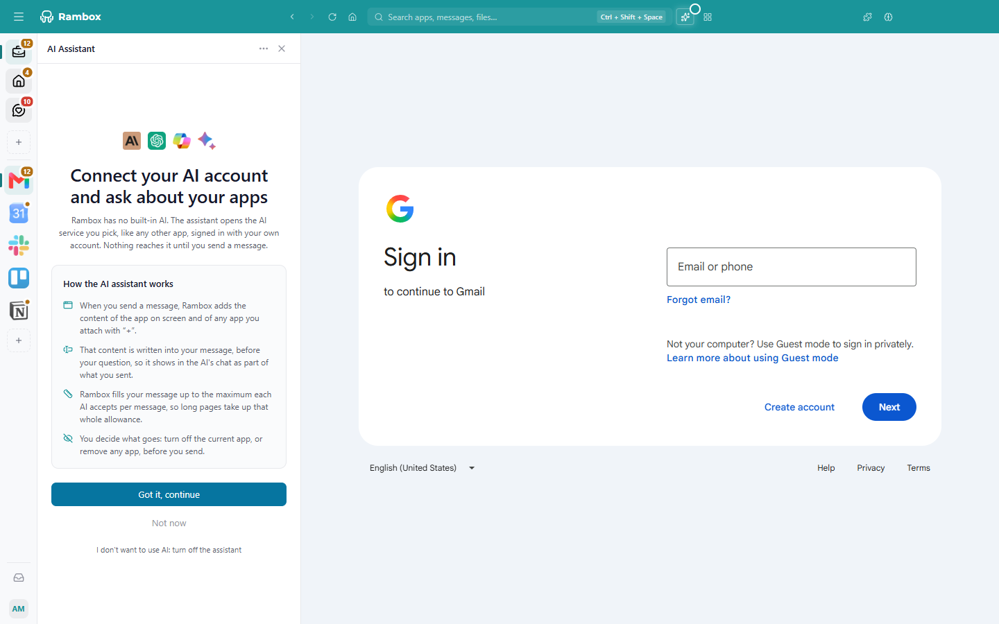 The consent screen: 'Connect your AI account and ask about your apps', the four 'How the AI assistant works' points, 'Got it, continue', 'Not now' and the turn-off link