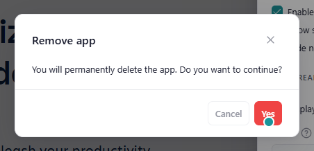 The 'Remove app' confirmation with 'Yes' and 'Cancel'