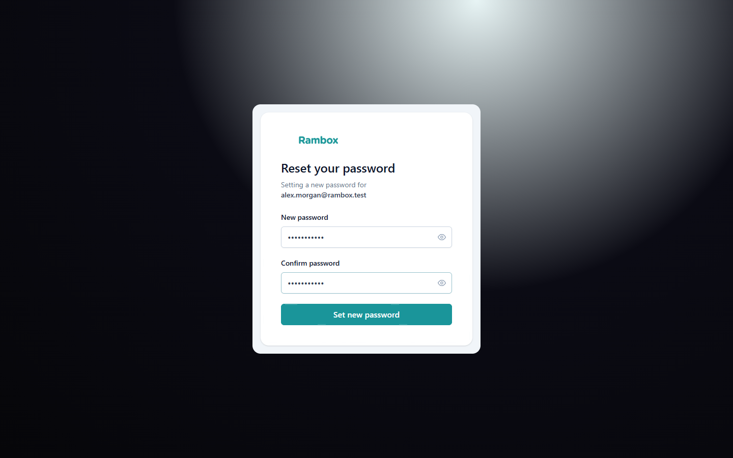 'Reset your password' page 'Setting a new password for {email}' with 'New password', 'Confirm password' and 'Set new password'
