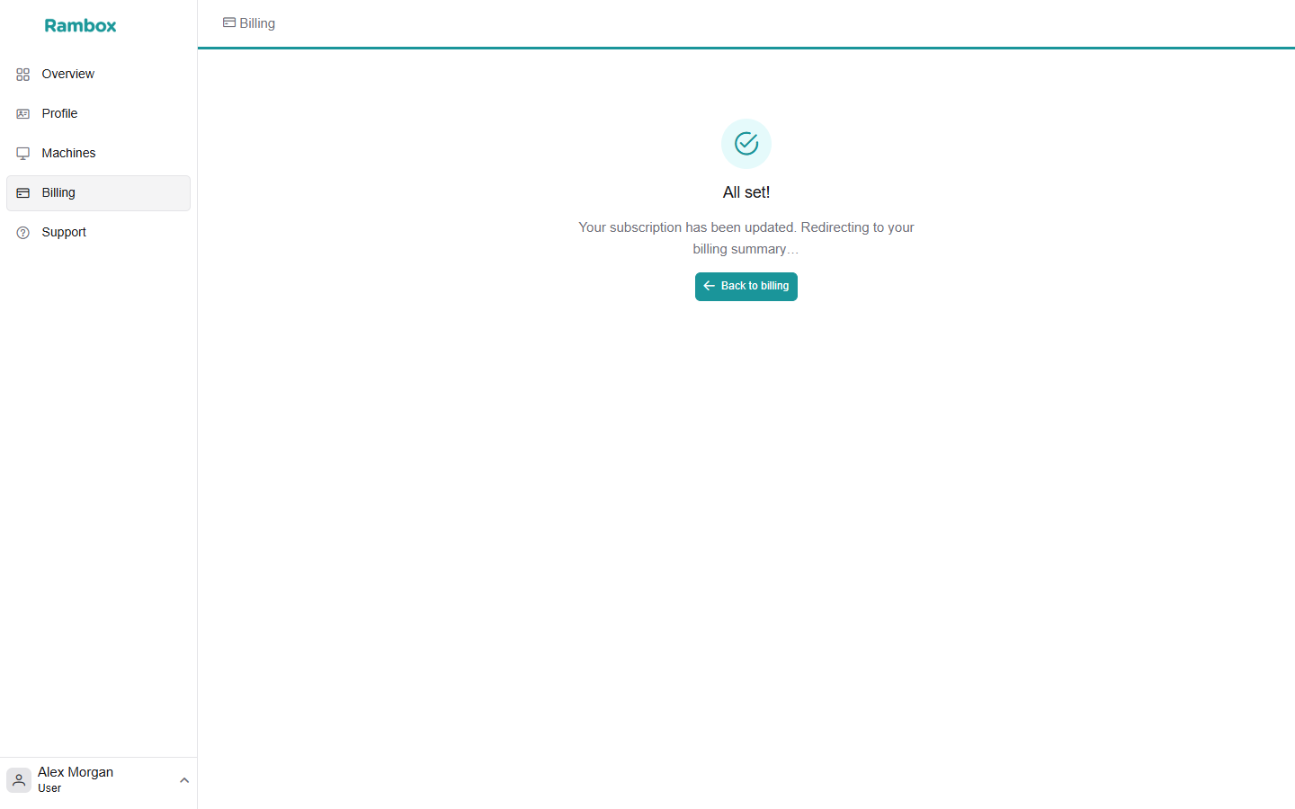 Console 'All set!' page: 'Your subscription has been updated. Redirecting to your billing summary…'