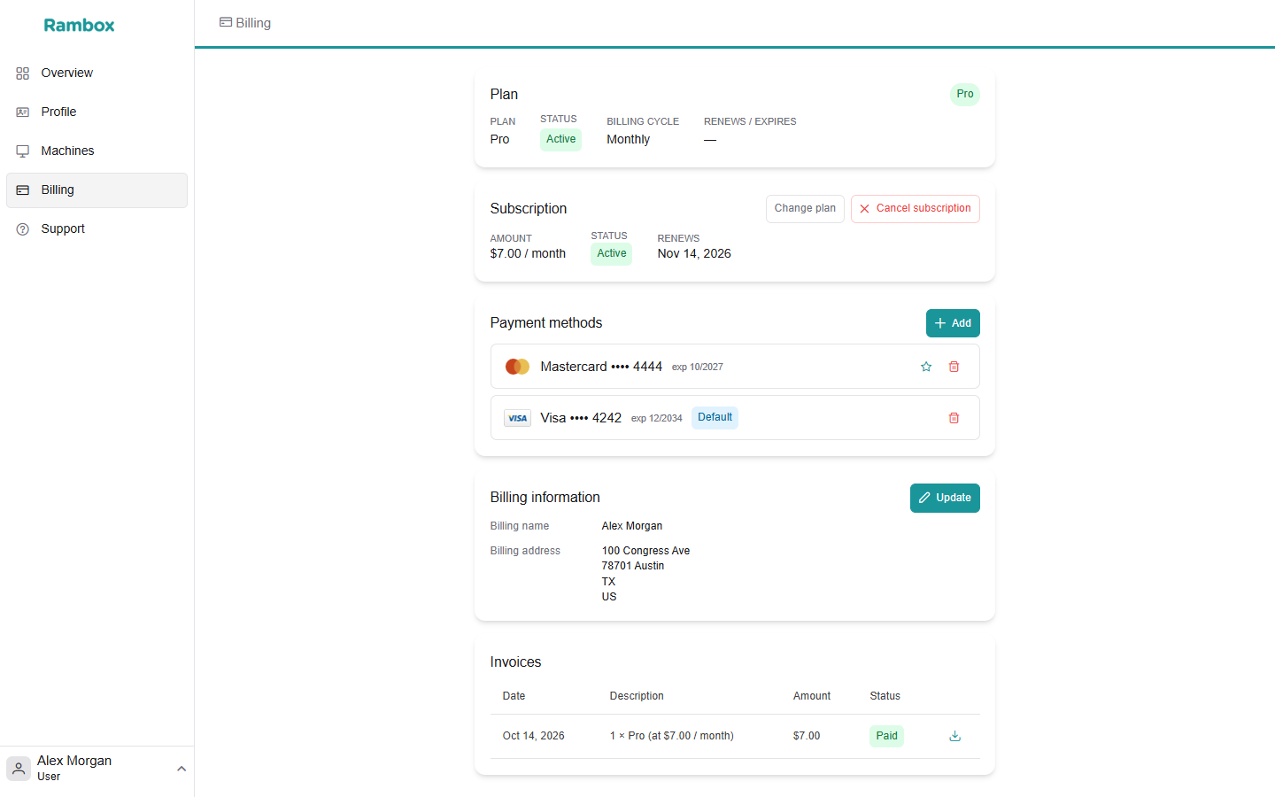 Full Console Billing page for a paying Pro user: Plan, Subscription, Payment methods, Billing information and Invoices cards