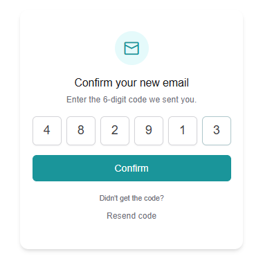 'Confirm your new email' page with the 6-digit code field, 'Confirm' and 'Didn't get the code?' / 'Resend code'