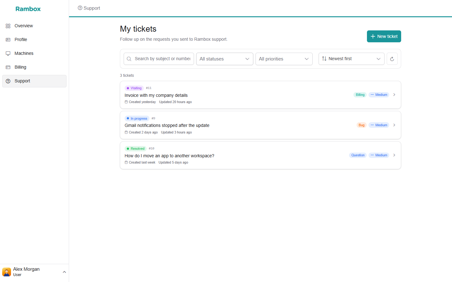 Console 'My tickets' list with a few tickets in different statuses, the search box, 'All statuses' filter and 'New ticket' button