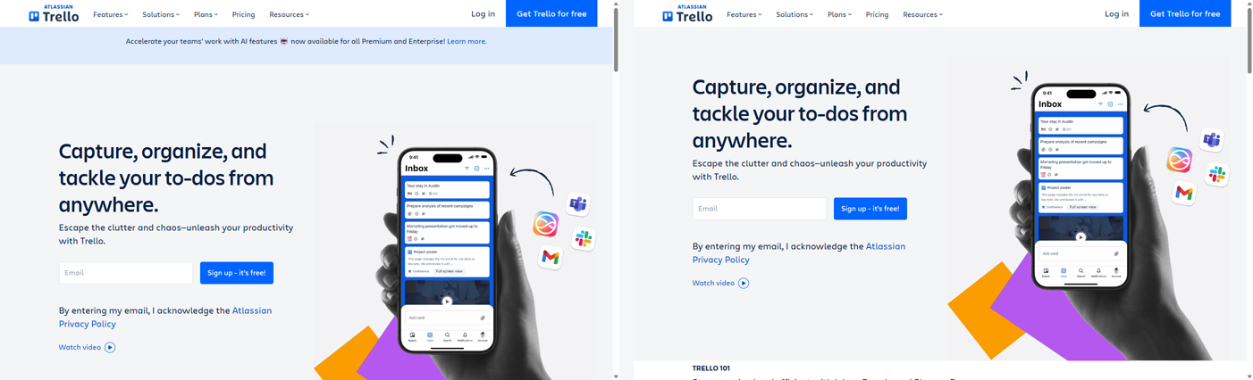 The same app side by side, before and after injecting a small CSS snippet (e.g. a hidden banner or larger text)
