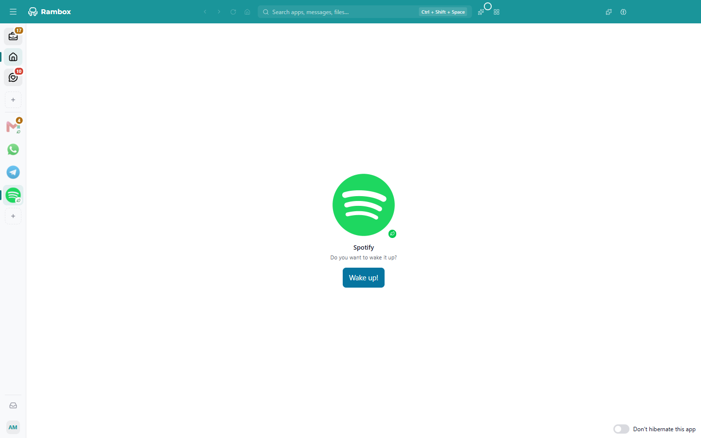 A hibernated app open in Rambox: logo with leaf, 'Do you want to wake it up?', 'Wake up!' button and the 'Don't hibernate this app' switch at the bottom right