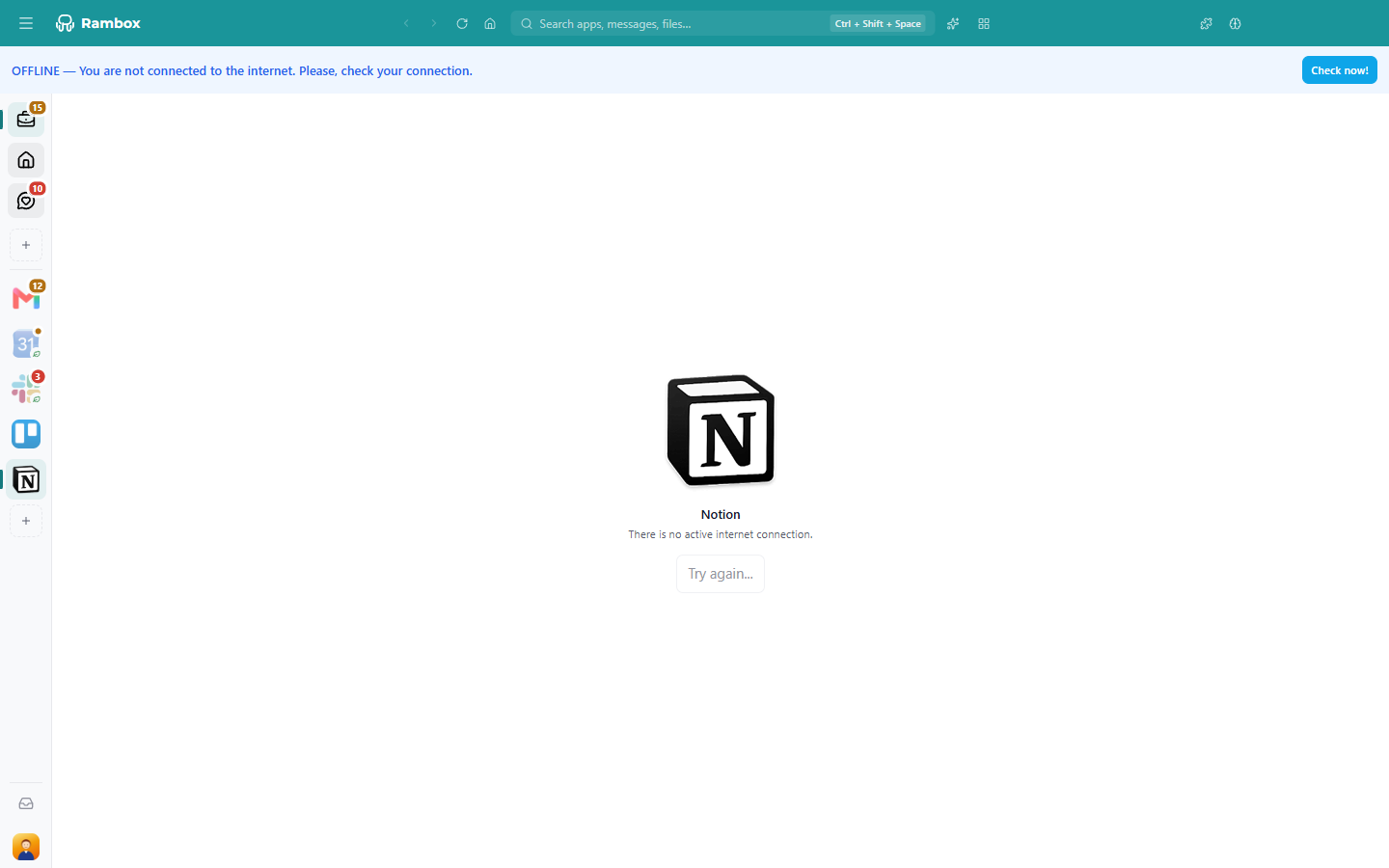 The blue OFFLINE banner with 'Check now!', and an app below it showing 'There is no active internet connection.' with 'Try again...'